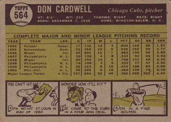 1961 Topps #564 Don Cardwell Back
