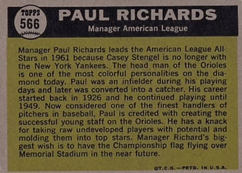 1961 Topps #566 Paul Richards Back