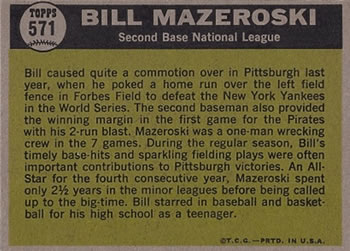1961 Topps #571 Bill Mazeroski Back