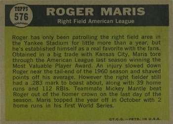 1961 Topps #576 Roger Maris Back