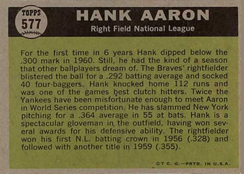 1961 Topps #577 Hank Aaron Back