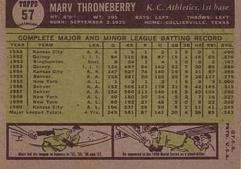 1961 Topps #57 Marv Throneberry Back