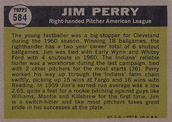 1961 Topps #584 Jim Perry Back
