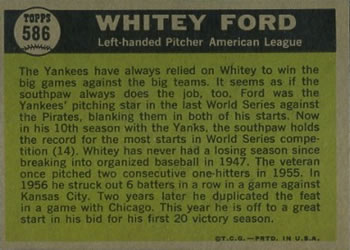 1961 Topps #586 Whitey Ford Back