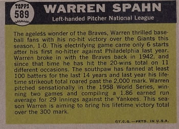 1961 Topps #589 Warren Spahn Back