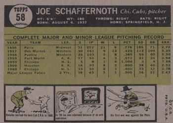 1961 Topps #58 Joe Schaffernoth Back