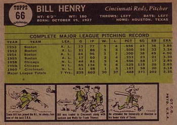 1961 Topps #66 Bill Henry Back
