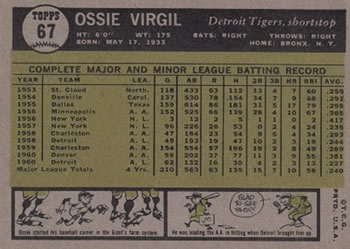 1961 Topps #67 Ossie Virgil Back