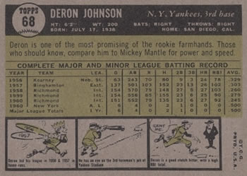 1961 Topps #68 Deron Johnson Back