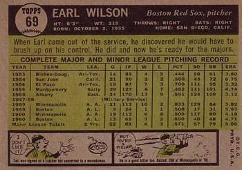 1961 Topps #69 Earl Wilson Back