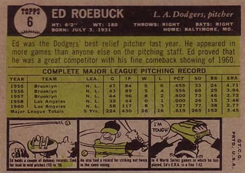 1961 Topps #6 Ed Roebuck Back