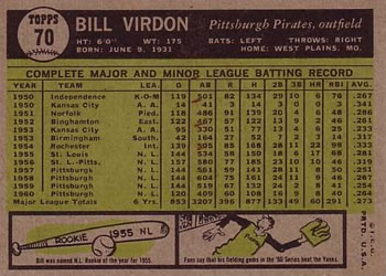 1961 Topps #70 Bill Virdon Back