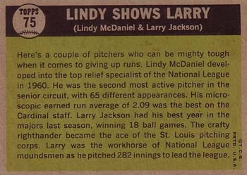 1961 Topps #75 Lindy Shows Larry (Larry Jackson / Lindy McDaniel) Back