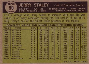 1961 Topps #90 Jerry Staley Back