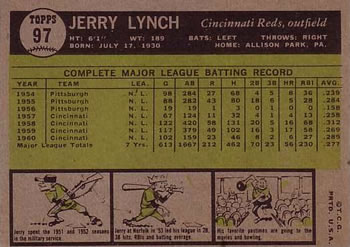 1961 Topps #97 Jerry Lynch Back