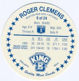 1992 King B Discs #9 Roger Clemens Back