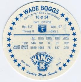 1992 King B Discs #16 Wade Boggs Back