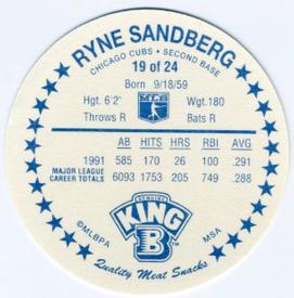 1992 King B Discs #19 Ryne Sandberg Back