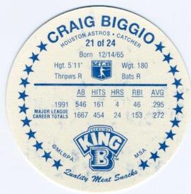 1992 King B Discs #21 Craig Biggio Back