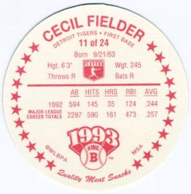 1993 King B Discs #11 Cecil Fielder Back
