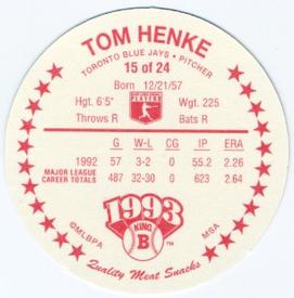 1993 King B Discs #15 Tom Henke Back