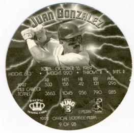 1998 Pacific King B Discs #9 Juan Gonzalez Back
