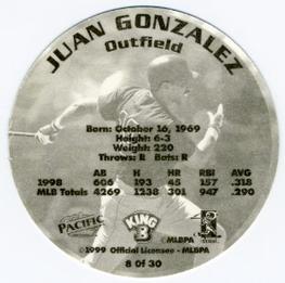 1999 Pacific King B Discs #8 Juan Gonzalez Back