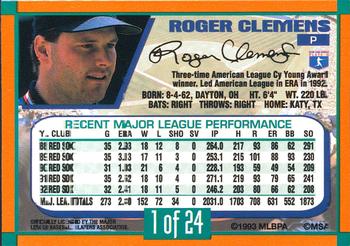 1993 Duracell Power Players I #1 Roger Clemens Back