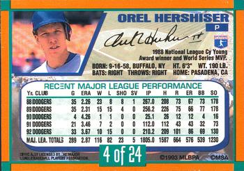1993 Duracell Power Players I #4 Orel Hershiser Back
