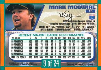 1993 Duracell Power Players I #9 Mark McGwire Back