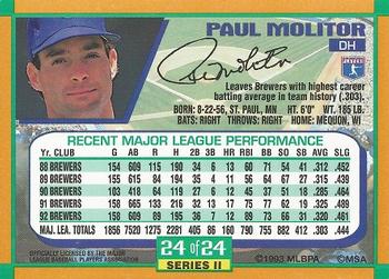 1993 Duracell Power Players II #24 Paul Molitor Back