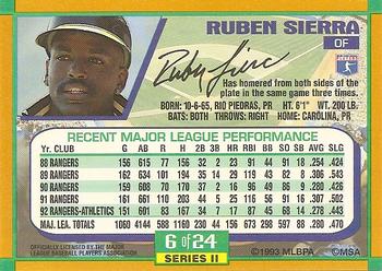 1993 Duracell Power Players II #6 Ruben Sierra Back