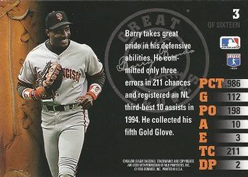 1995 Leaf - Great Gloves #3 Barry Bonds  Back