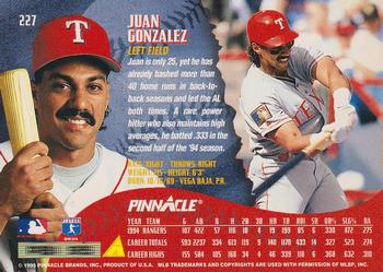 1995 Pinnacle #227 Juan Gonzalez Back