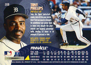 1995 Pinnacle #209 Tony Phillips Back
