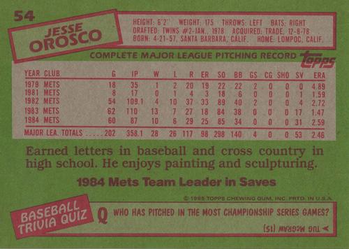 1985 Topps Super #54 Jesse Orosco Back