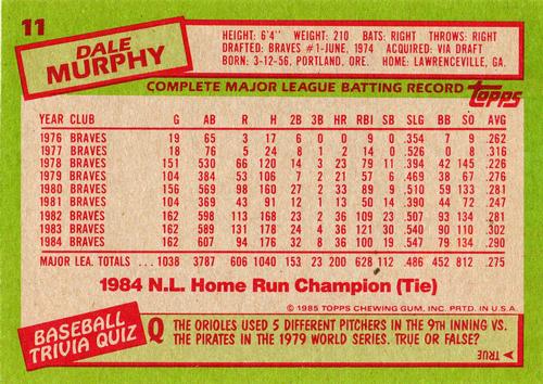 1985 Topps Super #11 Dale Murphy Back