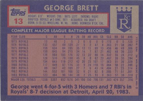 1984 Topps Super #13 George Brett Back