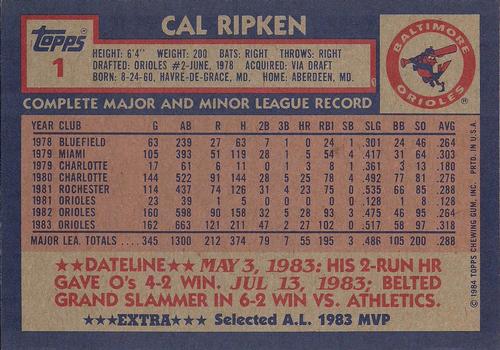 1984 Topps Super #1 Cal Ripken Back