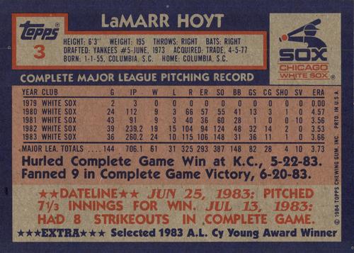 1984 Topps Super #3 LaMarr Hoyt Back