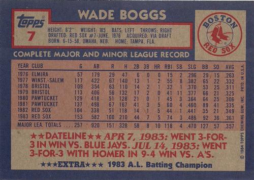 1984 Topps Super #7 Wade Boggs Back