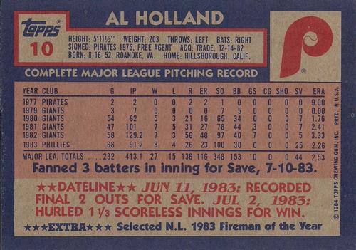 1984 Topps Super #10 Al Holland Back