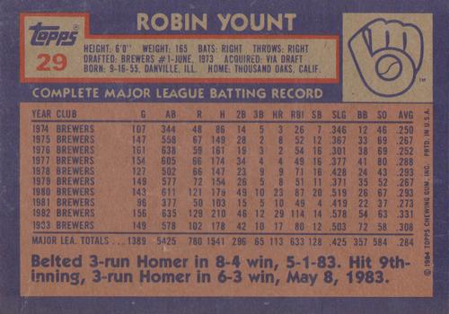 1984 Topps Super #29 Robin Yount Back