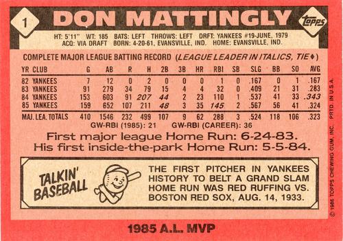 1986 Topps Super #1 Don Mattingly Back