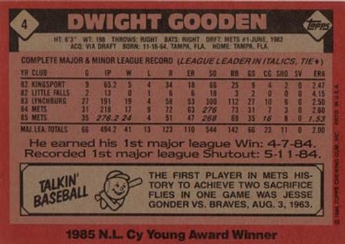 1986 Topps Super #4 Dwight Gooden Back