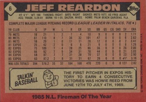 1986 Topps Super #6 Jeff Reardon Back