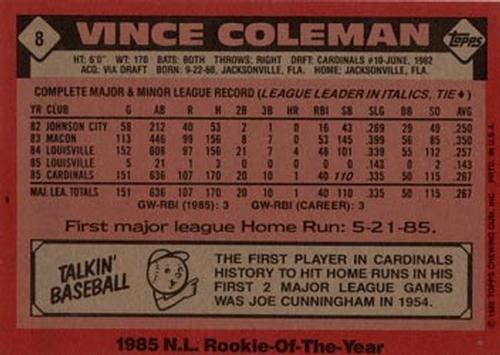 1986 Topps Super #8 Vince Coleman Back