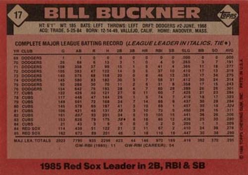 1986 Topps Super #17 Bill Buckner Back