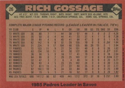 1986 Topps Super #26 Rich Gossage Back