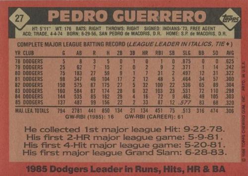 1986 Topps Super #27 Pedro Guerrero Back